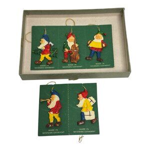 5 Vintage Hand Painted Western Germany Dwarfs Christmas Ornaments W/ Green Tags